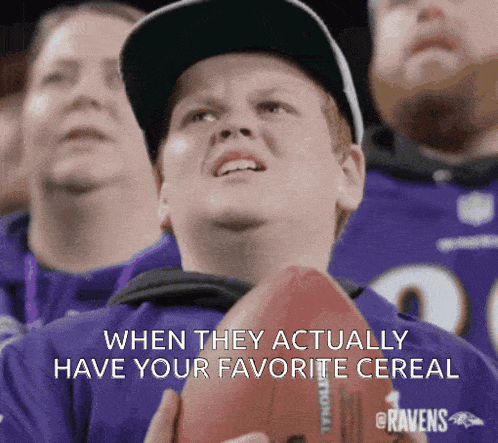 a young boy holding a football with the words when they actually have your favorite cereal below him