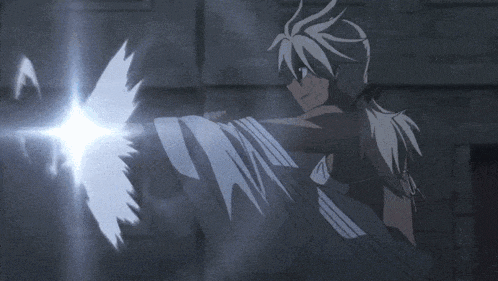 a person with white hair is holding a sword in their hand