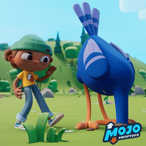 a boy and a bird from mojo swoptops are standing in a field