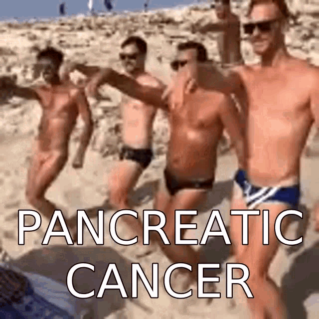a group of men are dancing on the beach with the words pancreatic cancer on the bottom