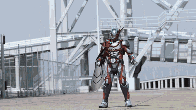a man in a superhero costume is holding a shield in front of a bridge