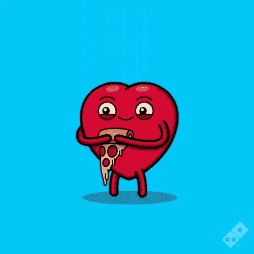 a cartoon heart is eating a slice of pizza with hearts around it .