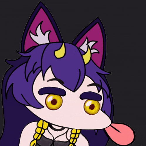 a cartoon drawing of a girl with purple hair and horns sticking out her tongue