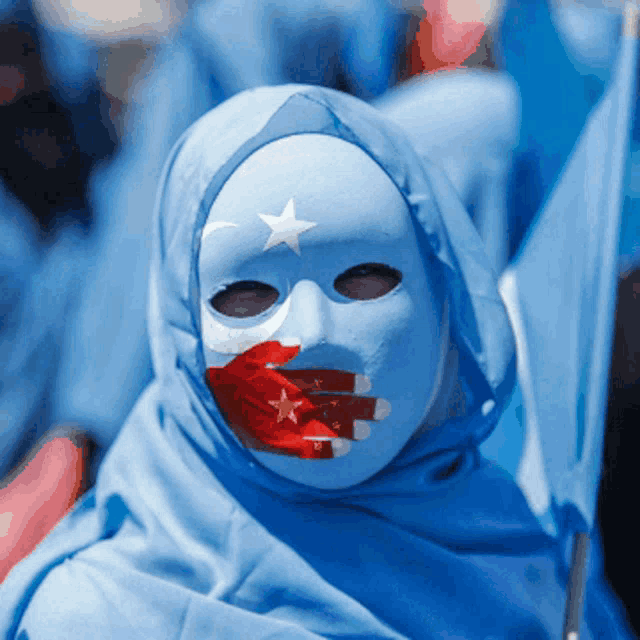 a woman wearing a blue mask with a star on it