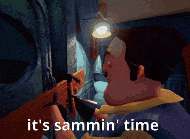 a pixelated image of a man holding a gun and the words it 's sammin ' time below him