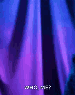 a person is standing in front of a purple curtain and saying who me ?