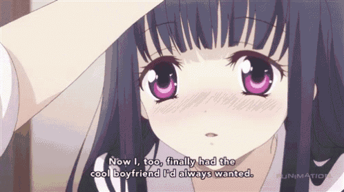 a girl with purple eyes says now i too finally had the cool boyfriend i d always wanted