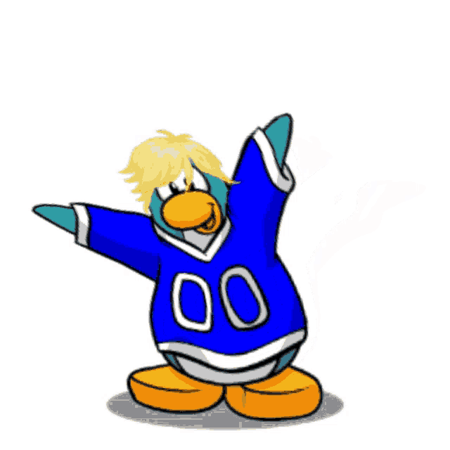 a cartoon penguin wearing a blue jersey with 00 on it