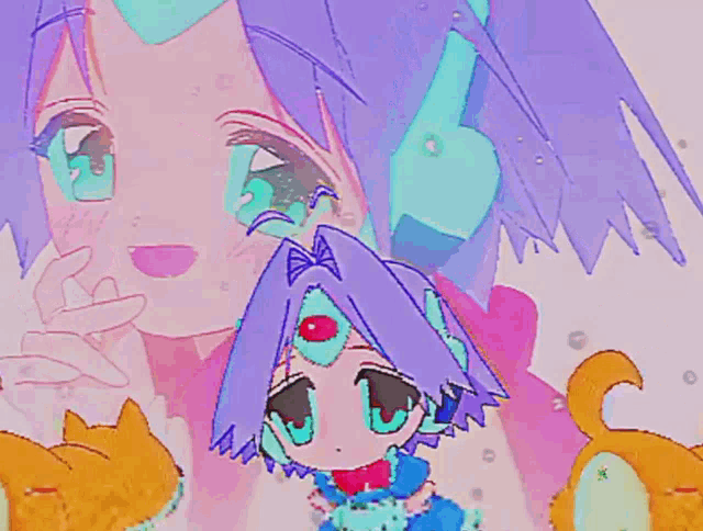a drawing of a girl with purple hair