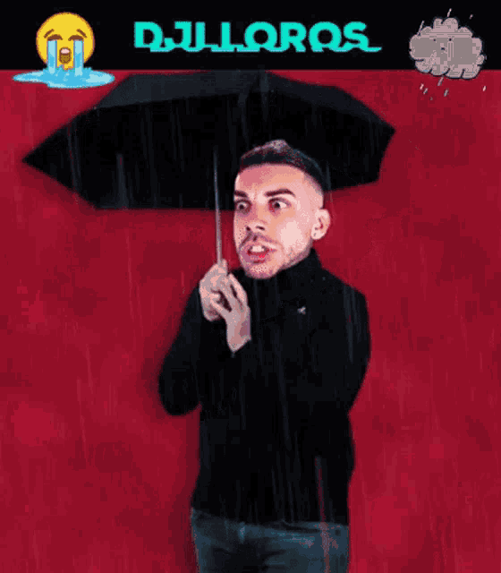 a man holding a black umbrella in the rain with djlloros written on the bottom