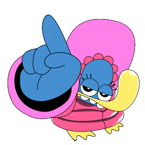 a blue and pink cartoon character is pointing up with his finger