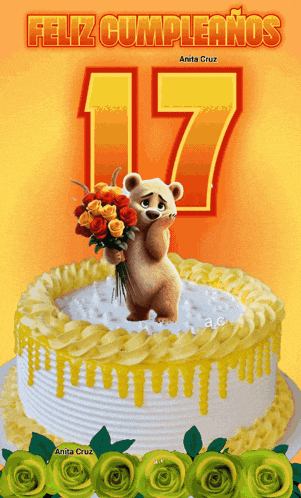 a birthday cake with a teddy bear holding a bouquet of roses and the number 17