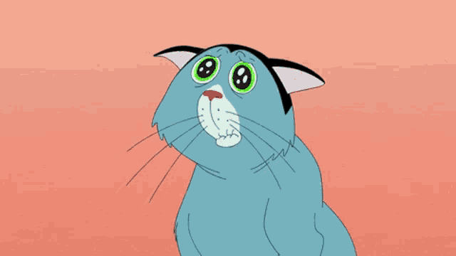 a cartoon cat with big green eyes looks up