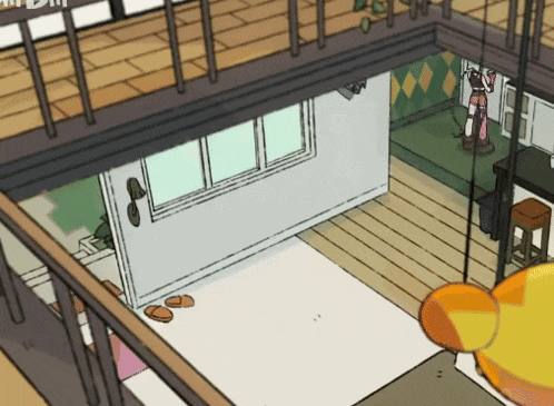 a cartoon drawing of a room with a slipper on the floor and a slipper on the floor