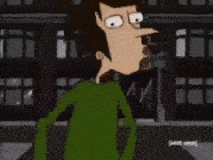 a cartoon character is standing in front of a building that says adult swim on the bottom