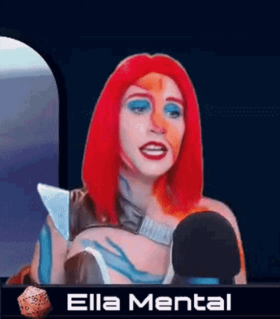 a woman with red hair is speaking into a microphone with the name ella mental written below her