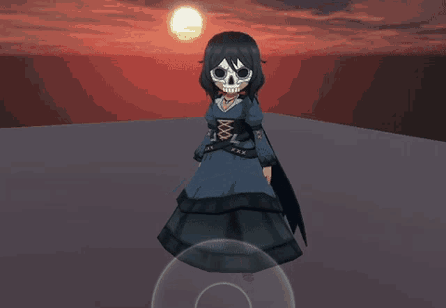 a girl in a blue dress with a skull on her face stands in front of a sunset