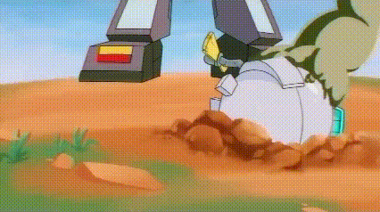 a cartoon robot is standing on top of a pile of rocks in the dirt .