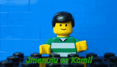 a lego man stands in front of a blue wall with the words a budu vam vypravet jak jsem si vydelal svoji pravi milion