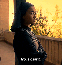 a woman in a nun 's robe says no i can 't .