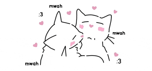 a black and white drawing of two cats hugging each other with pink hearts around them .