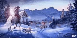 a woman is riding a horse in the snow while a dog looks on .