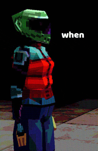 a pixelated image of a person wearing a helmet with the word when above it
