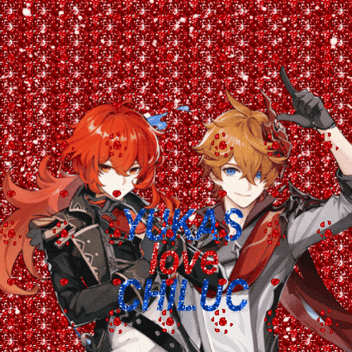 a couple of anime characters standing next to each other on a red background that says " i love you "