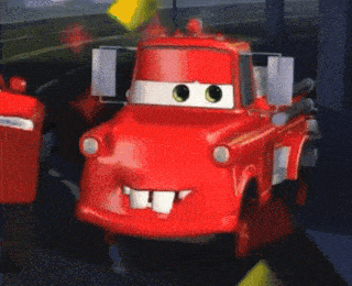 a red cartoon truck with a yellow flag on top of it