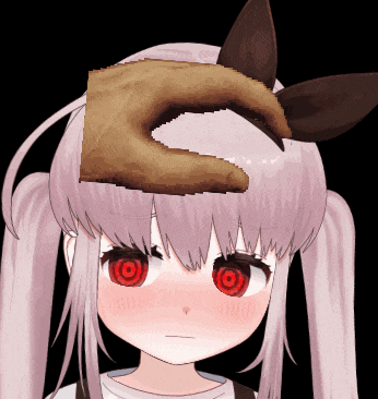 a girl with pigtails and red eyes has a hand on her head