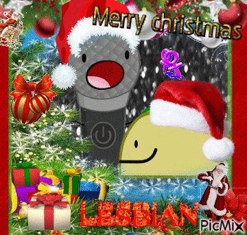 a christmas greeting card with a microphone wearing a santa hat