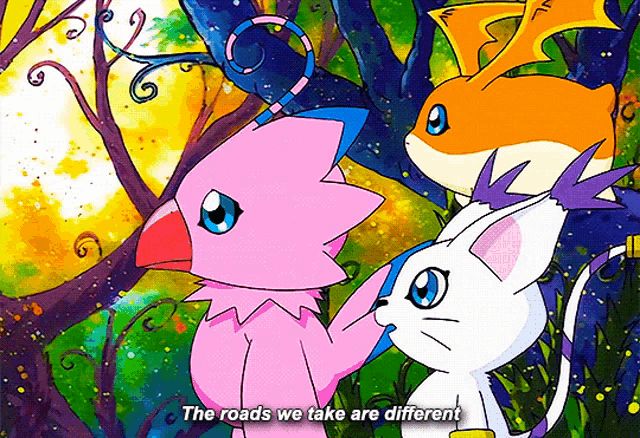 three cartoon characters are standing next to each other with the words " the roads we take are different "