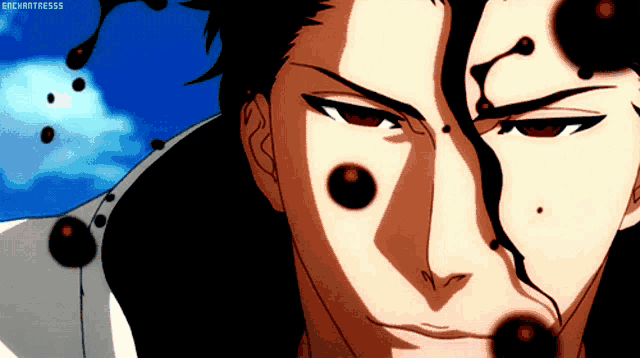 a close up of a man 's face with the words " enchantresss " above him
