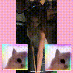 a picture of a woman with a cat on her head and the word charlie on the bottom