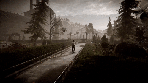 a black and white photo of a man walking down a path in a park