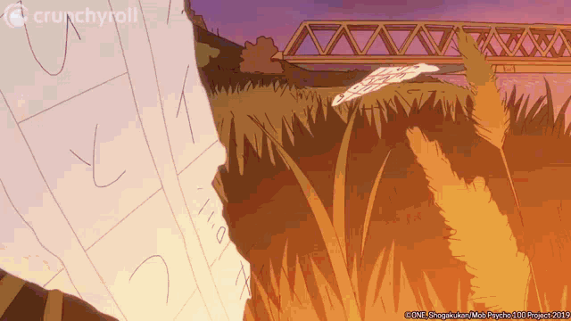 a crunchyroll ad shows a drawing of a bridge and a field