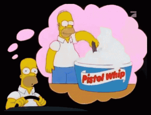 a cartoon of homer simpson thinking about a container of pistol whip