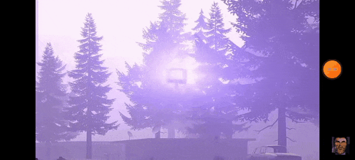 a video game screen shows a purple sky with trees in the foreground