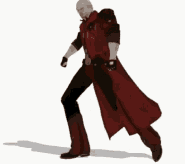 a man in a red cape is dancing in a video game on a white background .