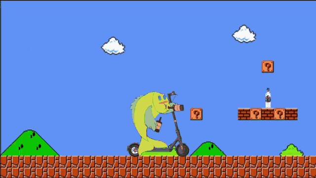 a fish is riding a scooter in a video game scene