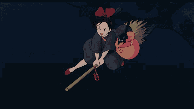 a cartoon of a girl flying on a broom