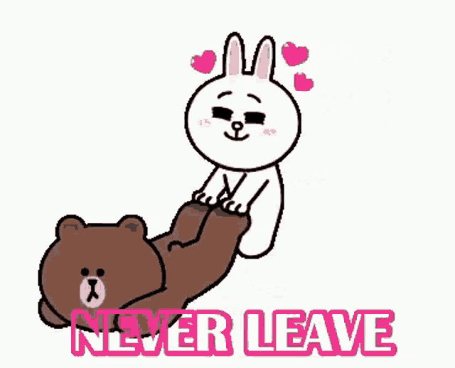 a brown bear and a white rabbit are laying on top of each other and holding hands .