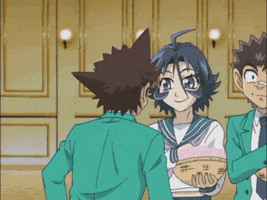 a girl in a sailor uniform holds a bowl that says mrs.