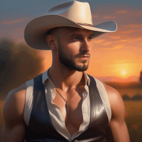a man wearing a cowboy hat and a vest is standing in front of a sunset