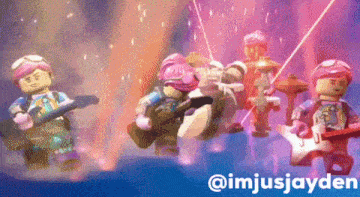a group of lego figures playing guitars and drums with the name imjusjayden on the bottom