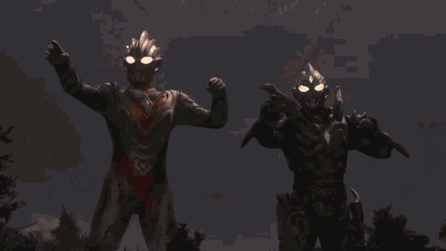 a couple of cartoon characters standing next to each other with the sun shining through them .
