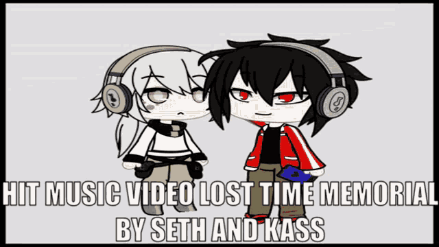 a cartoon of a boy and a girl with headphones and the words hit music video lost time memorial by seth and kass