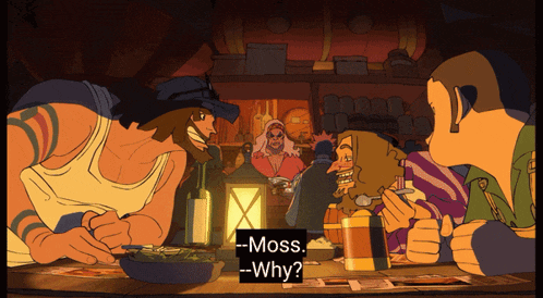 a group of cartoon characters are sitting at a table with a sign that says -moss -why