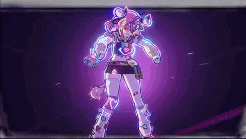 a cartoon character is standing in front of a purple background and glowing in the dark .