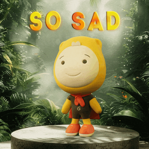 a cartoon character is standing on a pedestal with the words so sad behind him